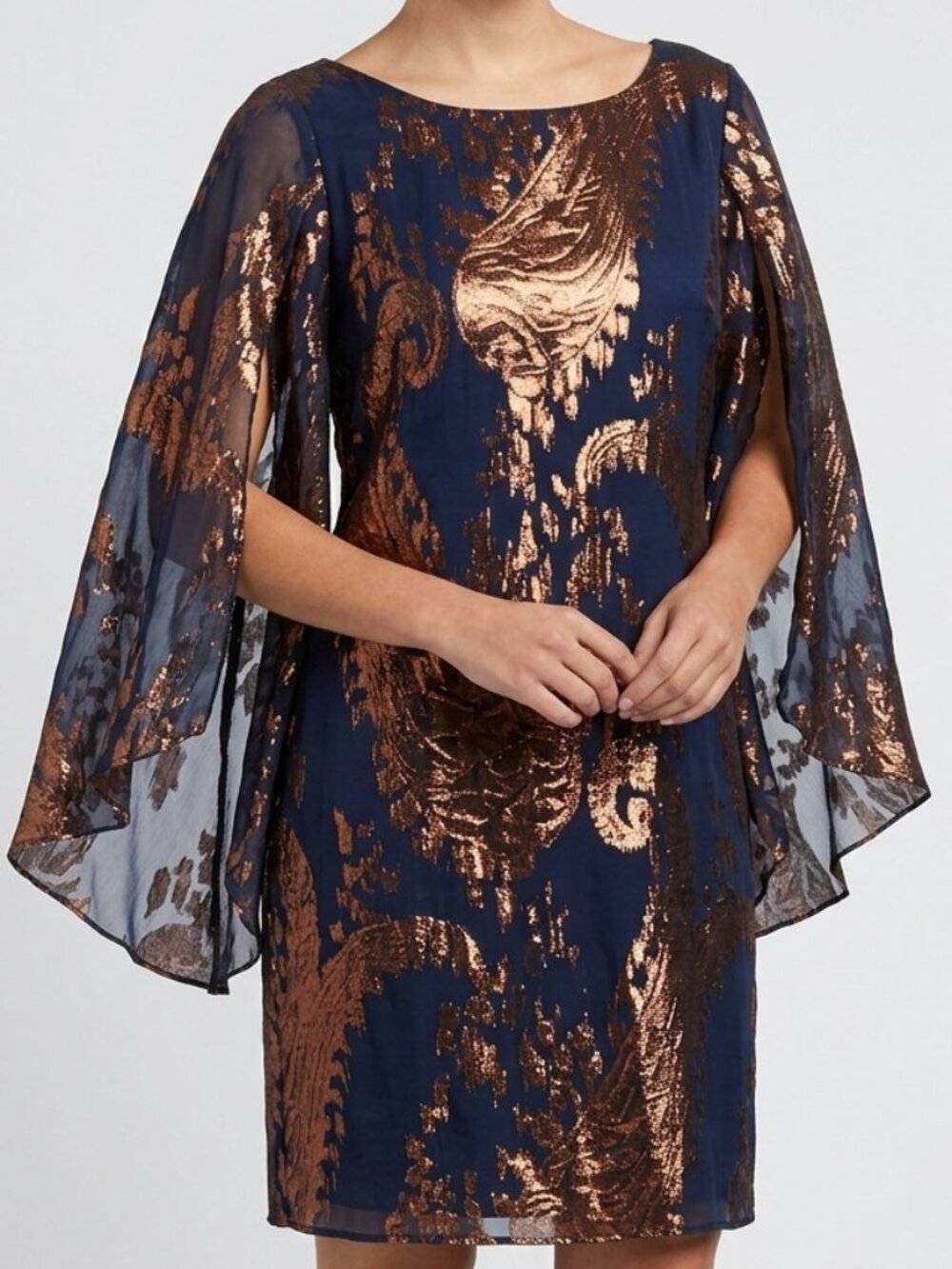 Chetta B Midnight Blue Gold Foil Paisley Shift Cocktail Dress Size 14